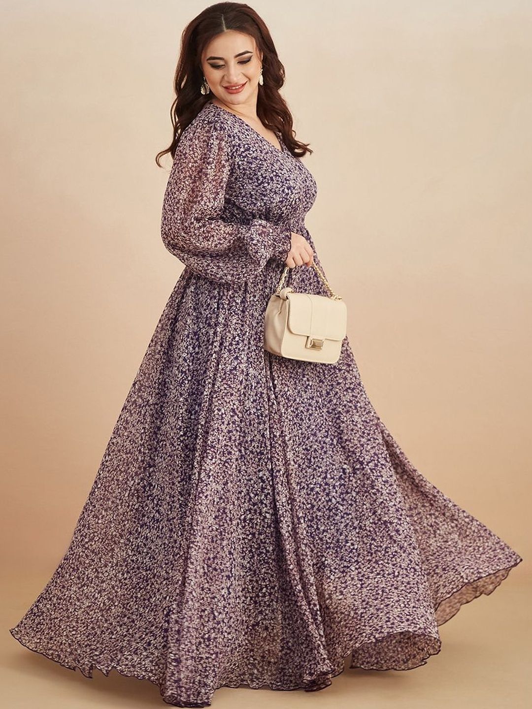 Miss Chase A+ Plus Size Women - V-Neck Bishop Sleeve Floral Gathe Chiffon Maxi Dress-picture-21