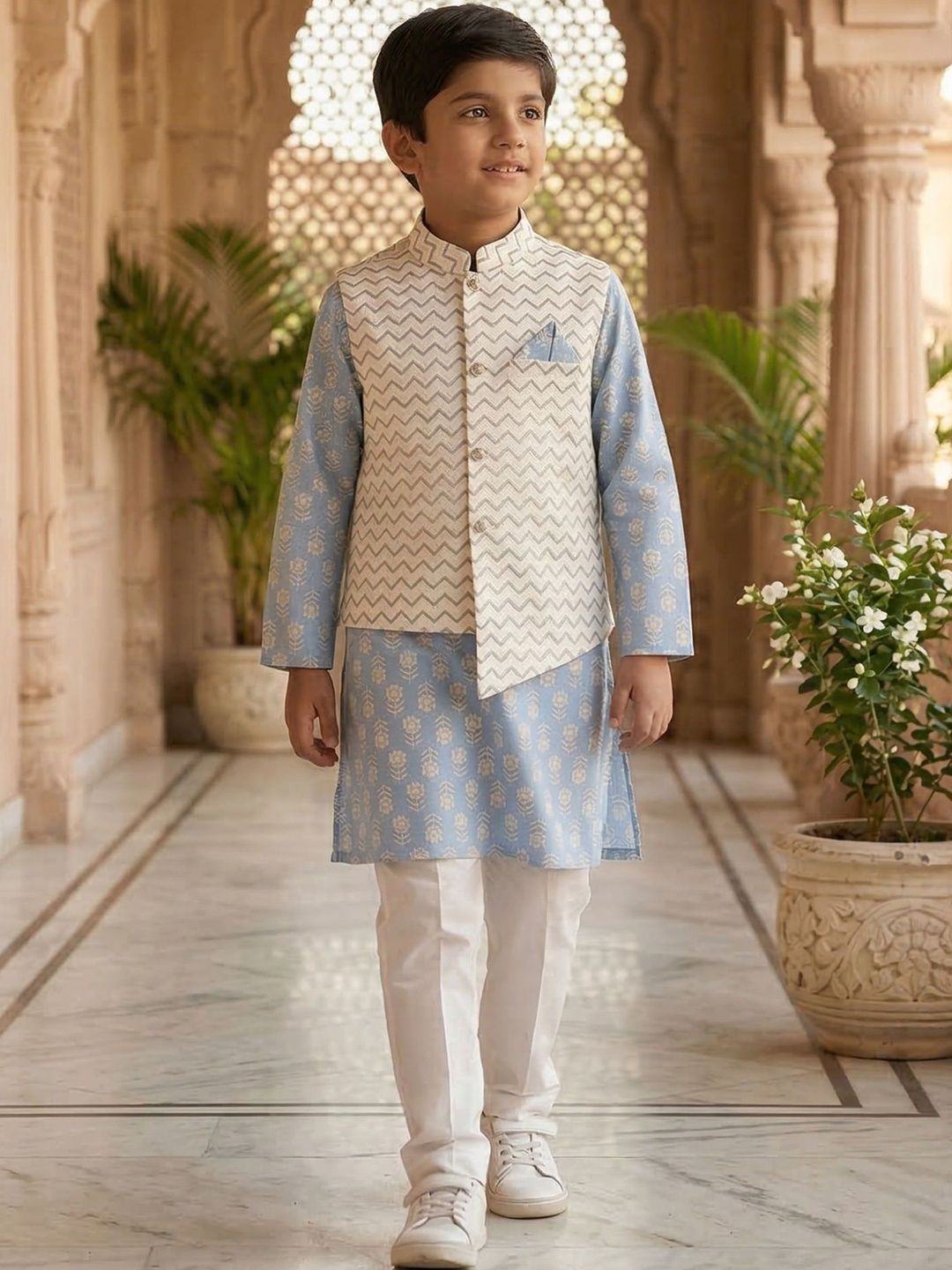 Pspeaches Boys Sky Blue Printed Cotton Kurta Pyjama Foil Jacket Set-picture-10