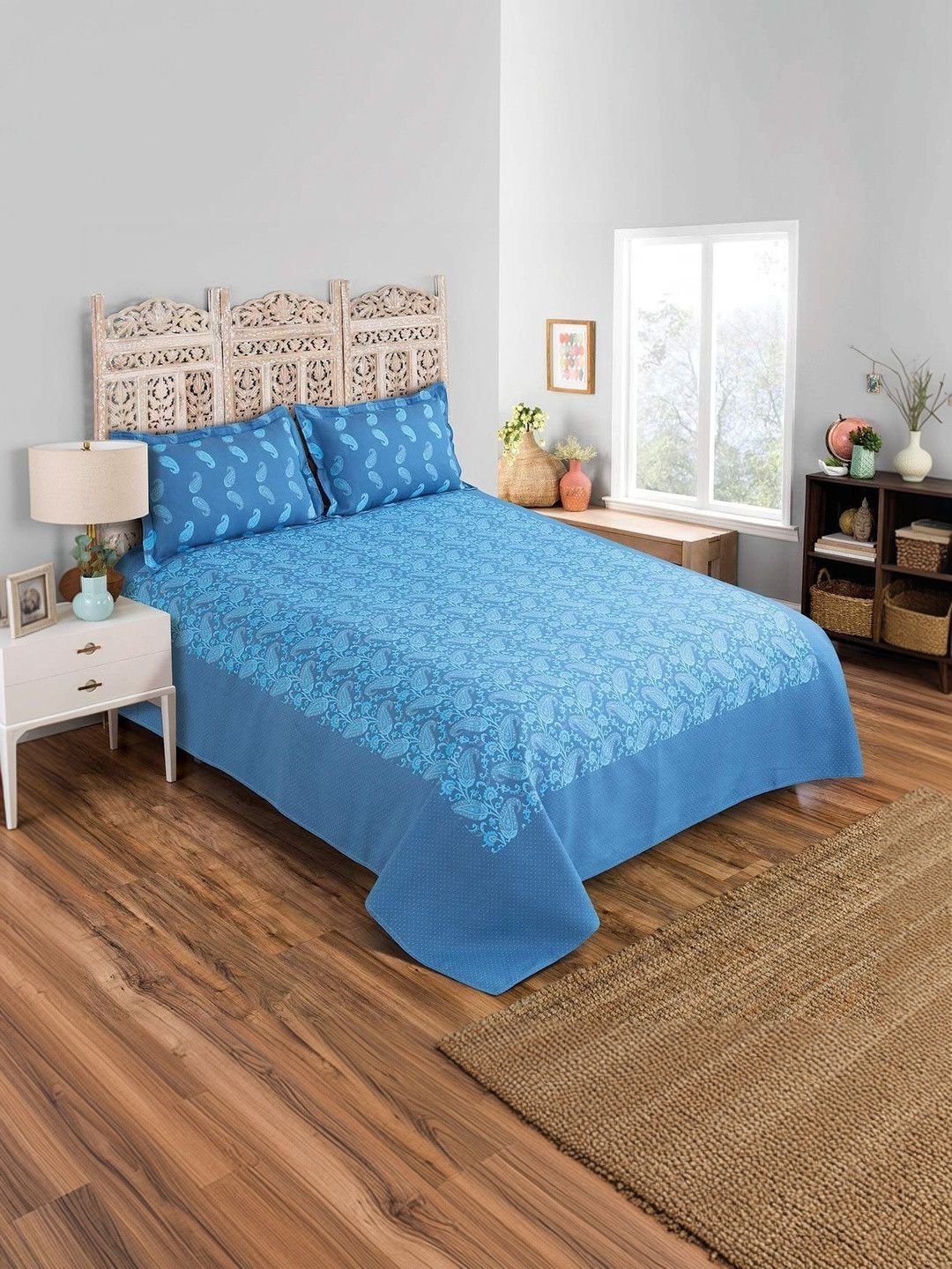 Victor Blue Floral Cotton Double Bed - King Bed Covers-picture-14