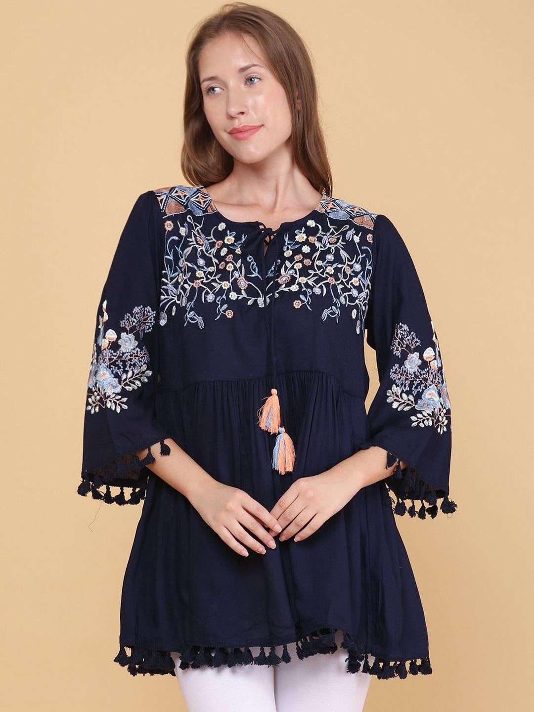 LIMEROAD Floral Embroidered Thread Work Thread Work Empire Kurti-picture-50