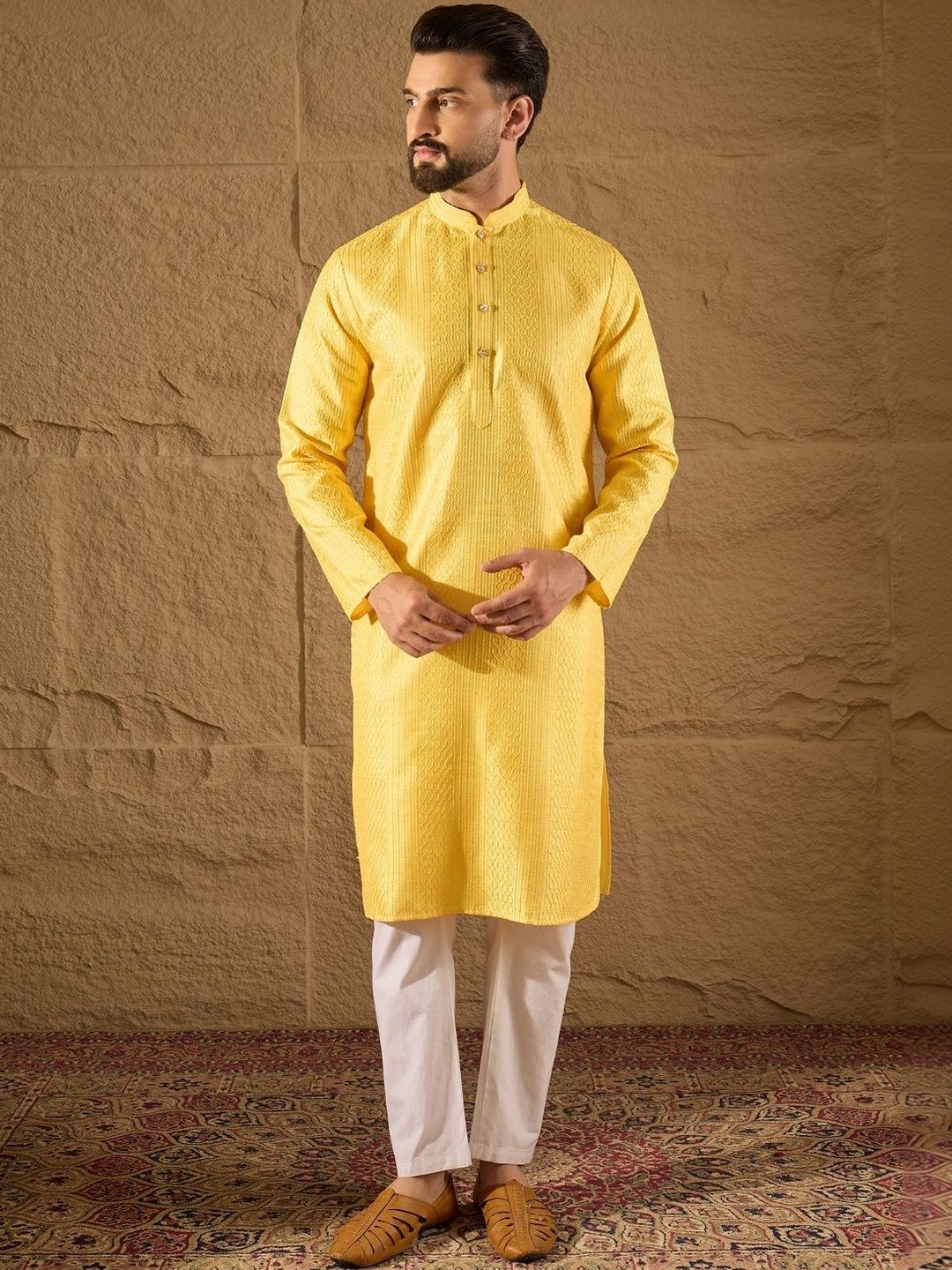 House of Pataudi Embroidered Mandarin Collar Calf Length Straight Kurta-picture-37