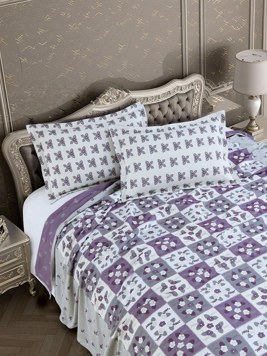 Victor White Floral Cotton Double Bed - King Bed Covers-picture-12