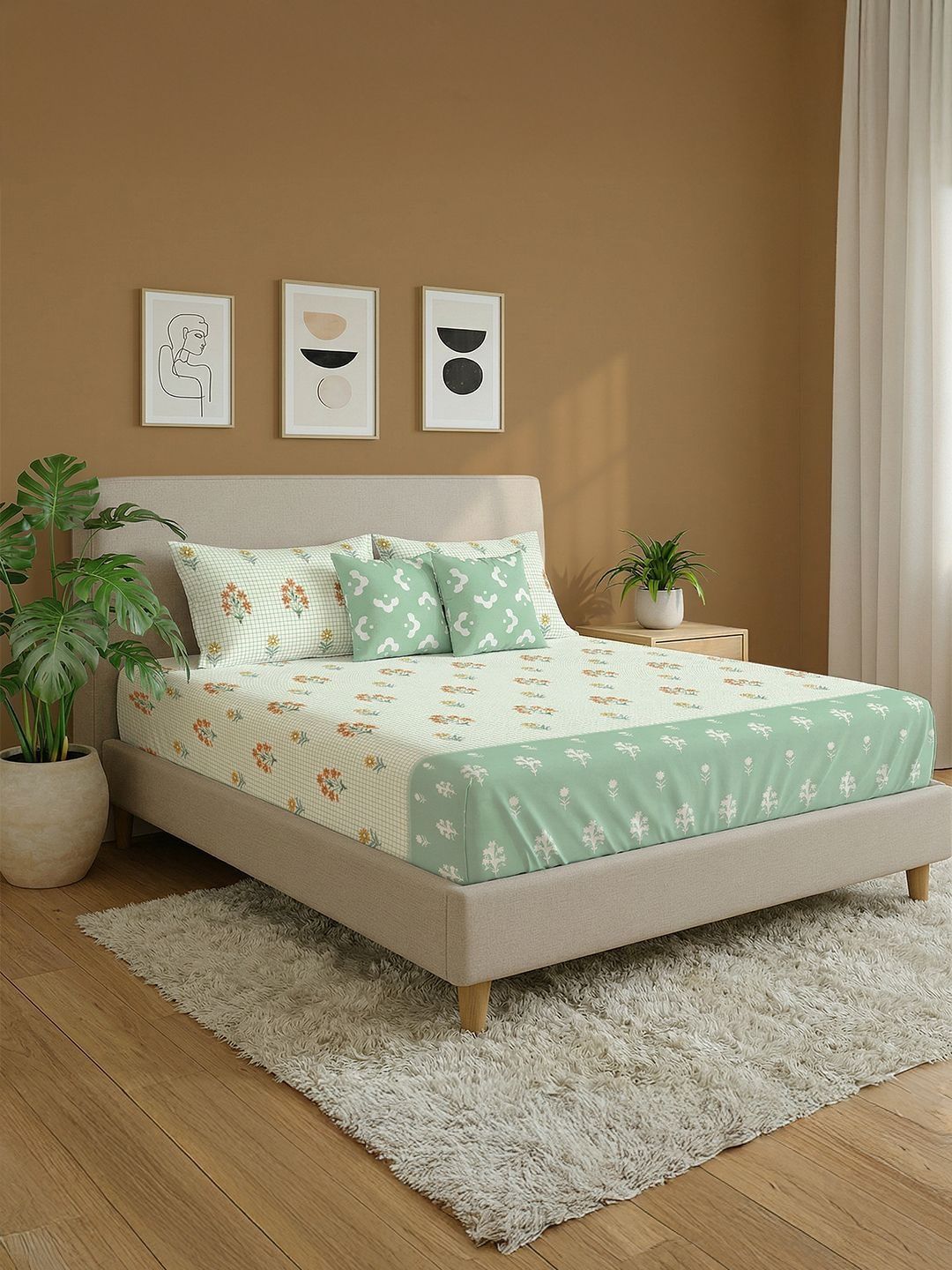 URBAN SPACE Green & White Floral 144 TC Queen Bedsheet with 4 Pillow Covers-picture-45