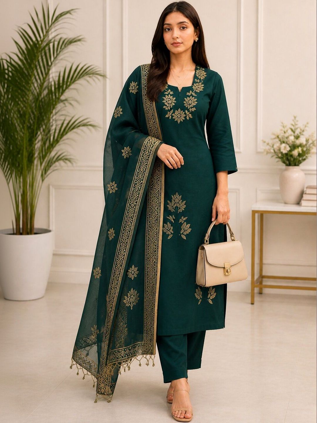 NARI DREAM Women Ethnic Motifs Printed Regular Thread Work Kurta with Trousers & With Dupatta-picture-17