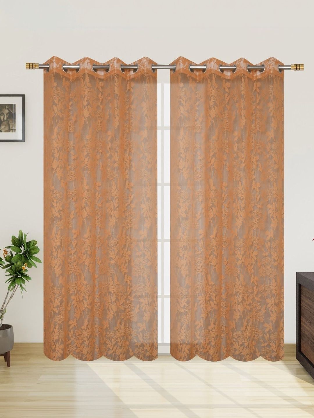 B' Decorlish Brown Set of 2 Floral Sheer Window Curtain-picture-25