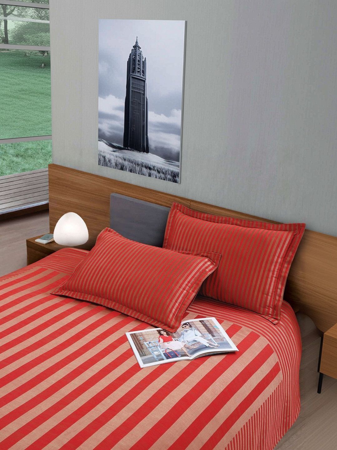 Victor Red Striped Polycotton Double Bed - King Bed Covers-picture-33