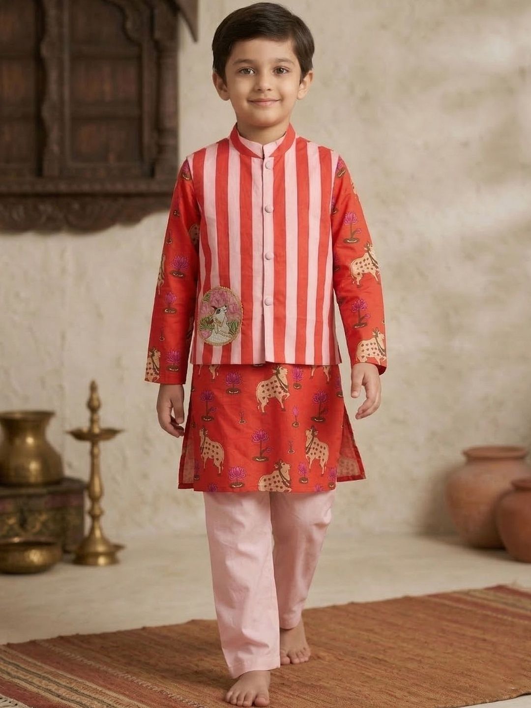 Pspeaches Boys Red Pichwai Cotton Kurta Pyjama Jacket Set-image-1