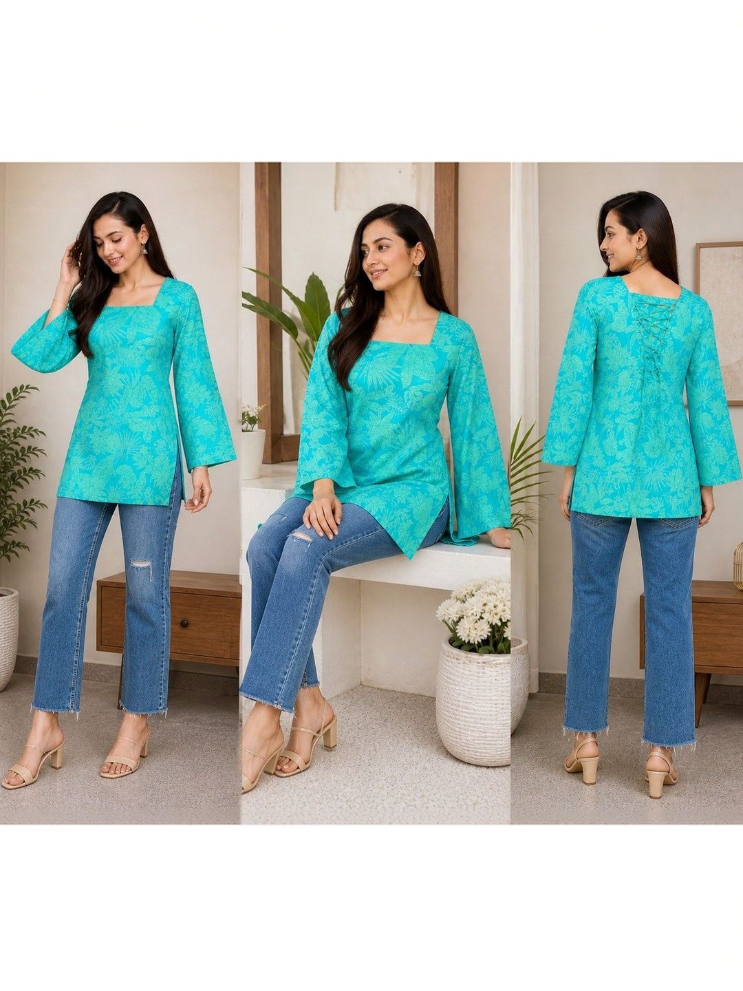 HERE&NOW Botanical Printed Square Neck Pure Cotton Blend Kurti-picture-21