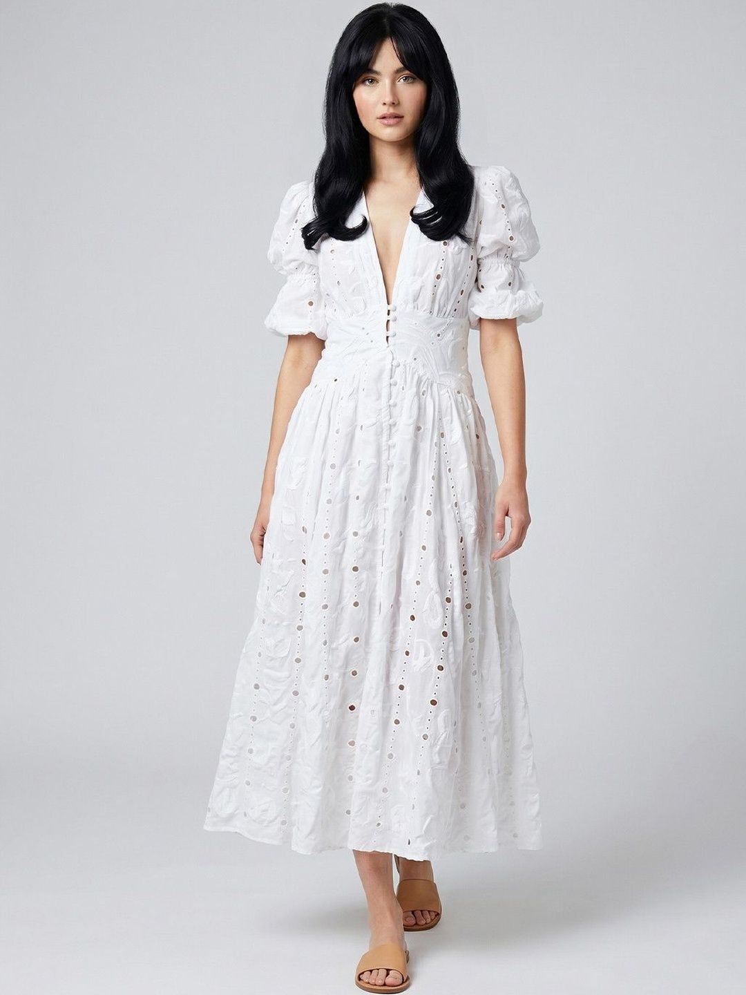 bebe Floral Embroidered Puff Sleeve A-Line Midi Dress-picture-27