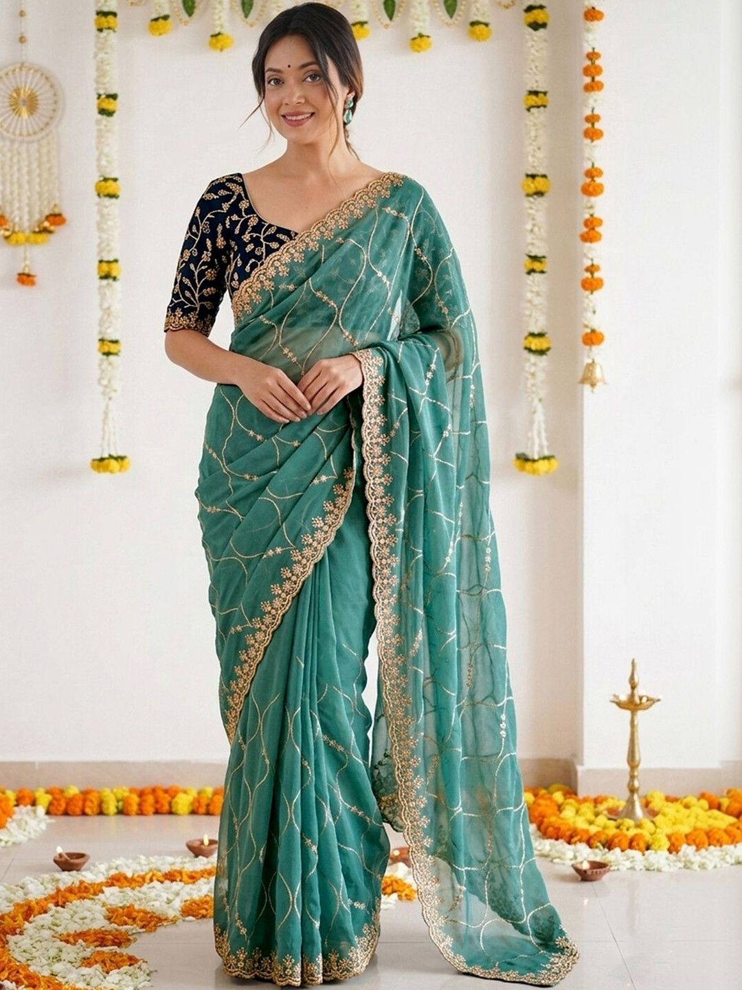 Satrani Embellished Embroidered Pure Georgette Saree With Designer Blouse-picture-12
