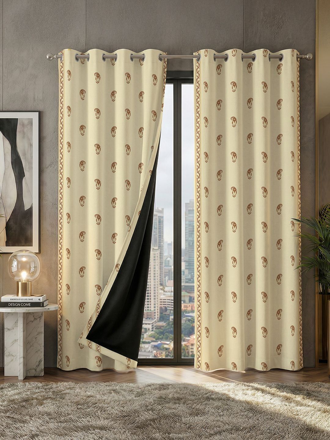 URBAN SPACE Off White & Rust Set of 2 Floral Black Out Window Curtain-picture-33