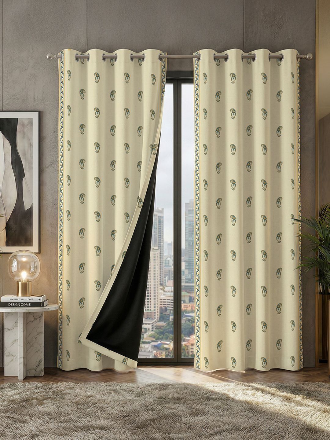 URBAN SPACE Off White & Teal Set of 2 Floral Black Out Door Curtain-image-30