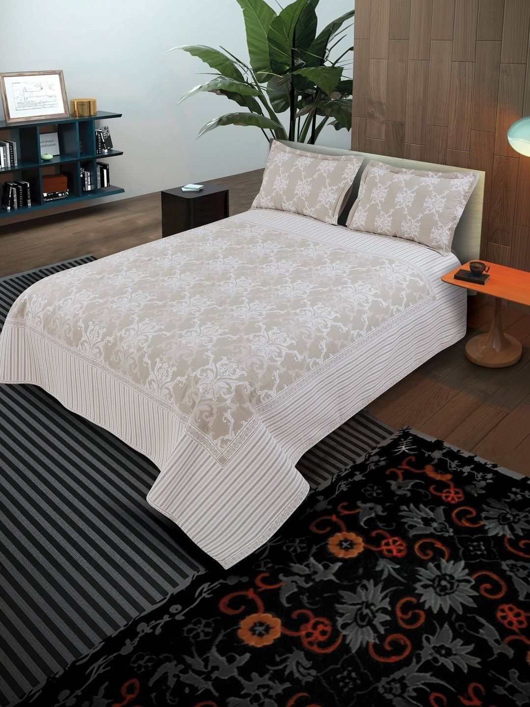 Victor Cream Floral Cotton Double Bed - King Bed Covers-picture-38