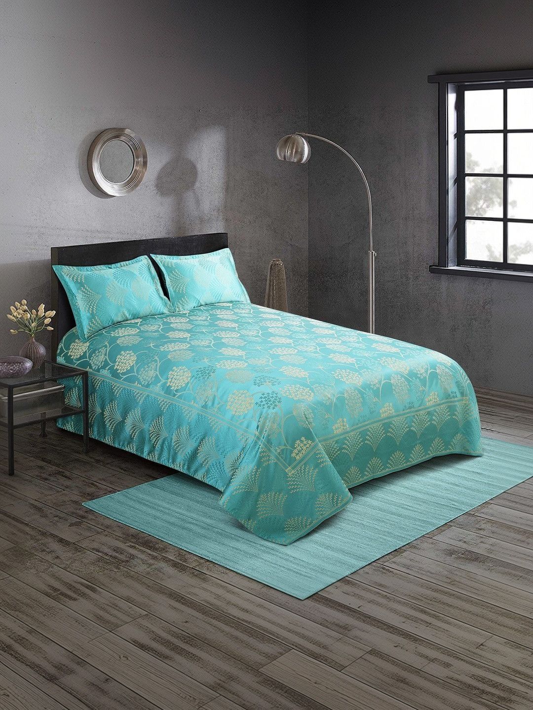 Victor Turquoise Blue Floral Double Bed - King Bed Covers-picture-35