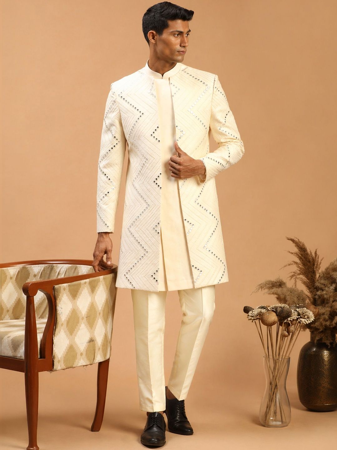 VASTRAMAY Mirror Work Mandarin Collar Indo-Western Sherwani Set-image-5