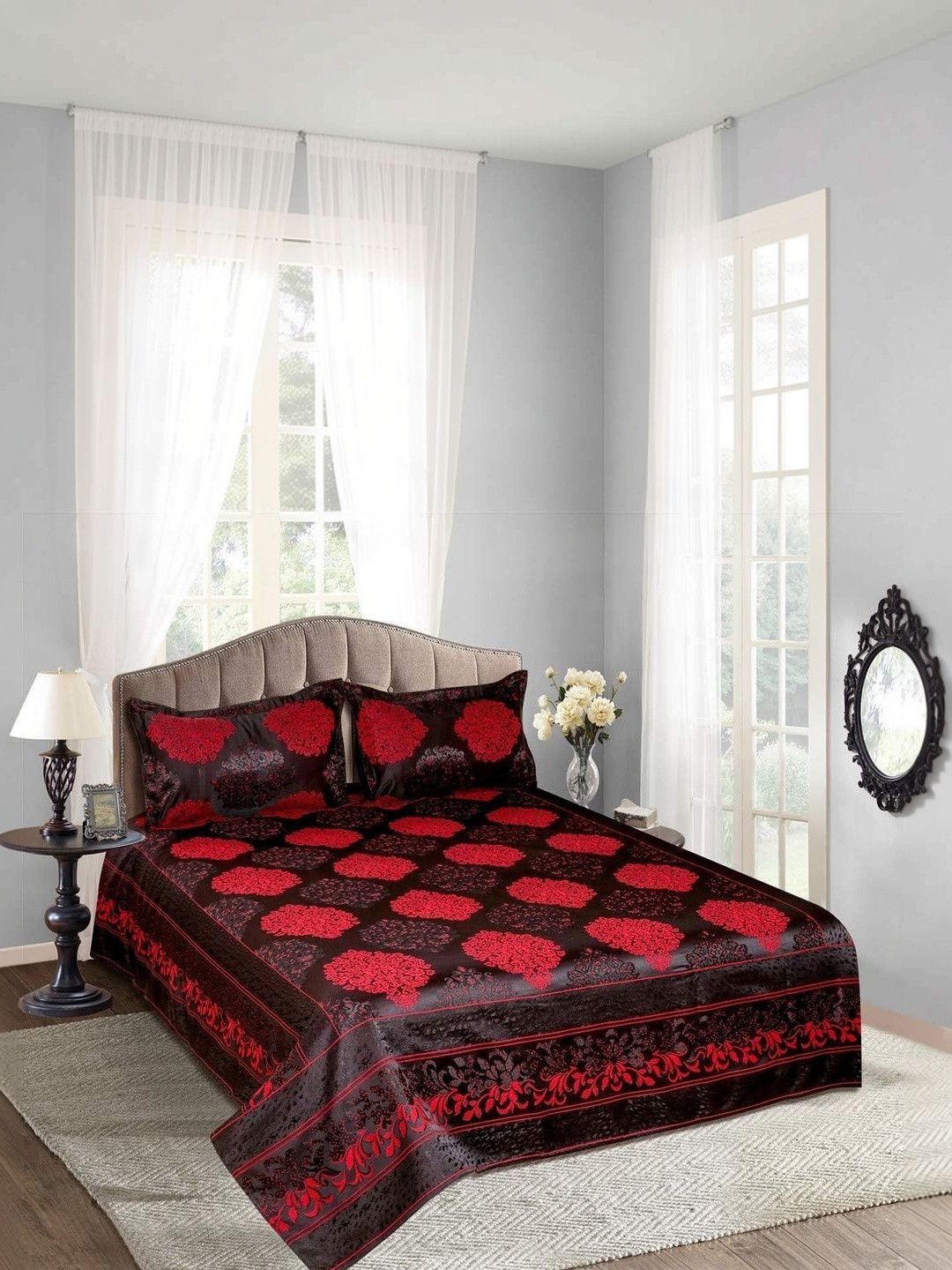 Victor Maroon Floral Double Bed - King Bed Covers-picture-24