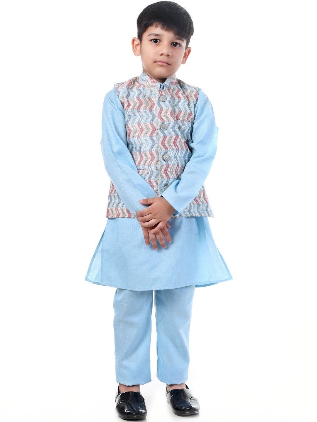 Huggle Boo Blue Chevron Printed Kurta Koty Set - 3 Piece-picture-50