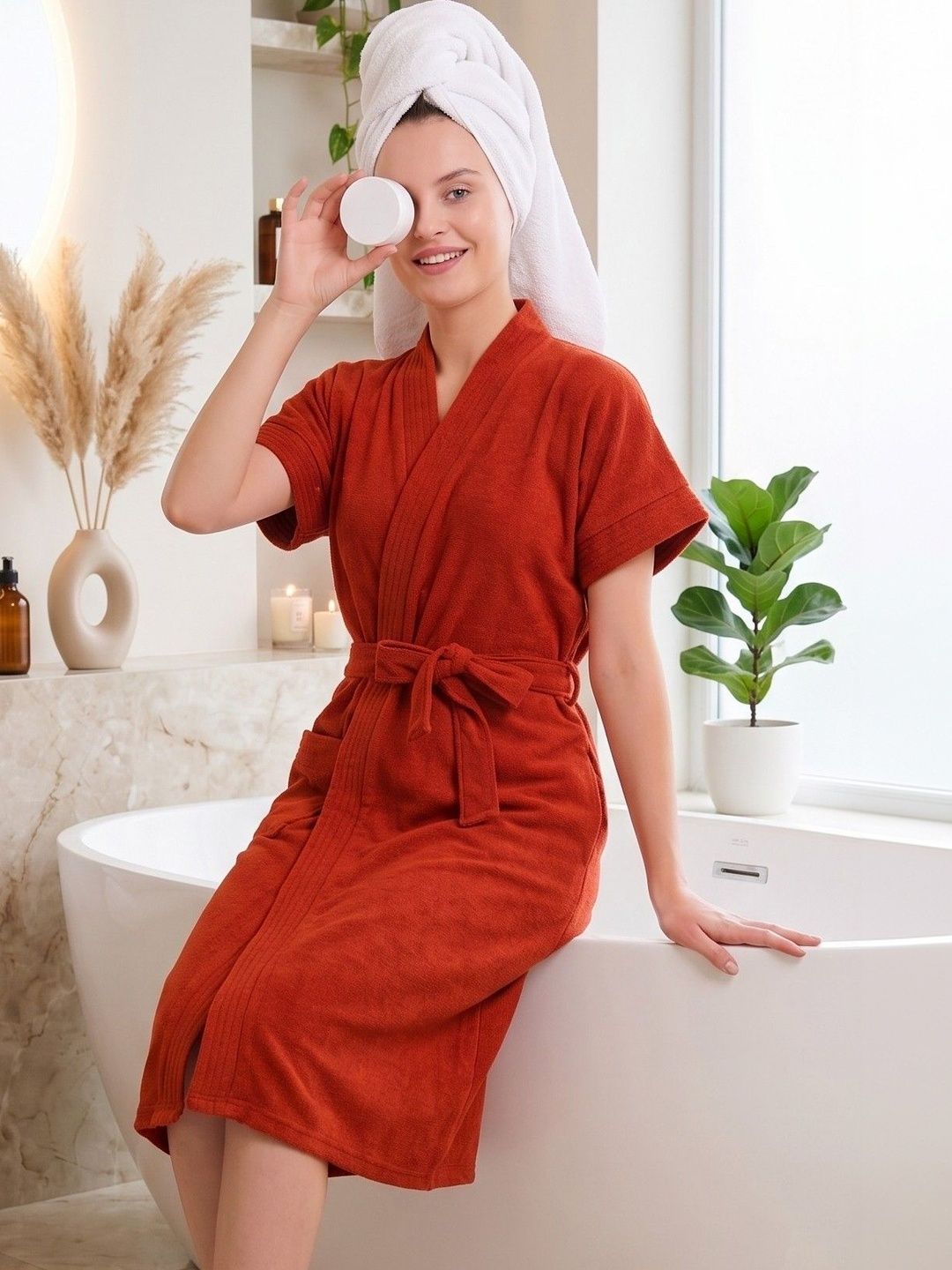 HotGown Cotton Half Sleeves Knee Length Bath Robe-picture-20