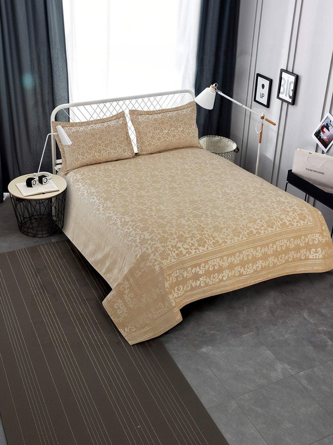 Victor Beige Floral Cotton Double Bed - King Bed Covers-picture-46