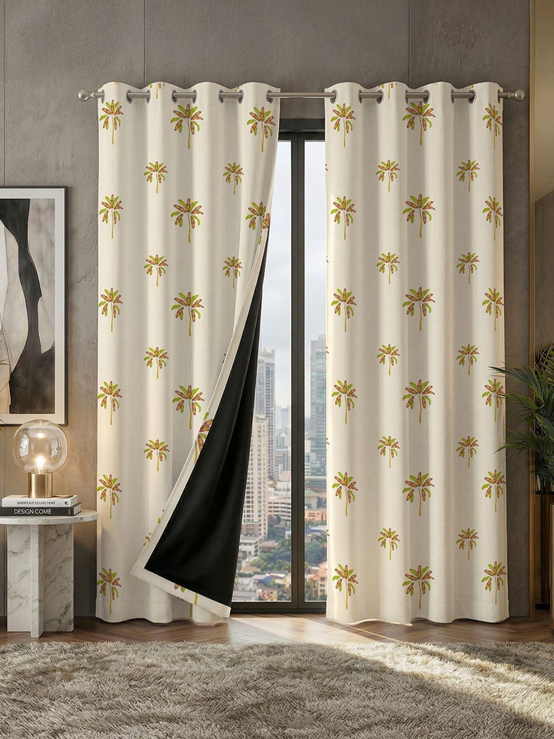 URBAN SPACE Off White & Green Set of 2 Floral Black Out Door Curtain-picture-21