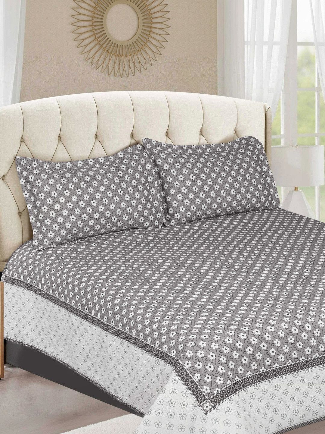 Victor Grey Floral Cotton Double Bed - King Bed Covers-picture-12