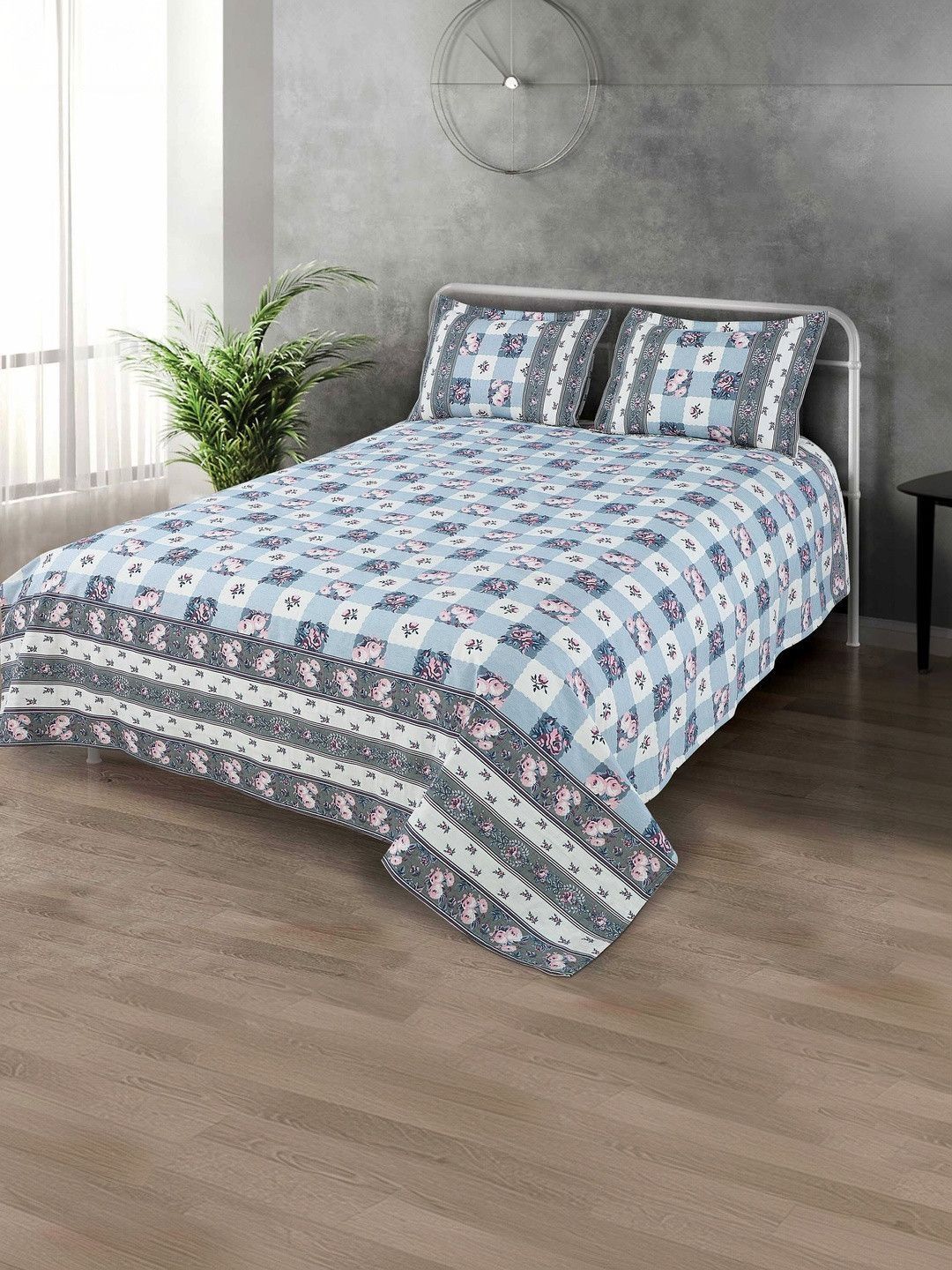 Victor Blue Floral Cotton Double Bed - King Bed Covers-picture-34