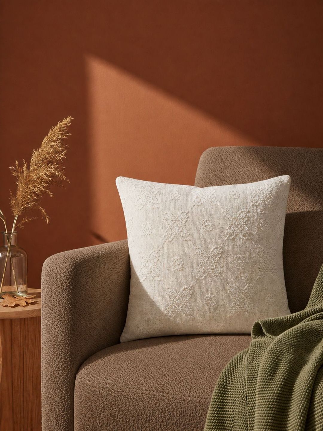 Dhrohar Cream Textured Square Cushion With Cover-image-14