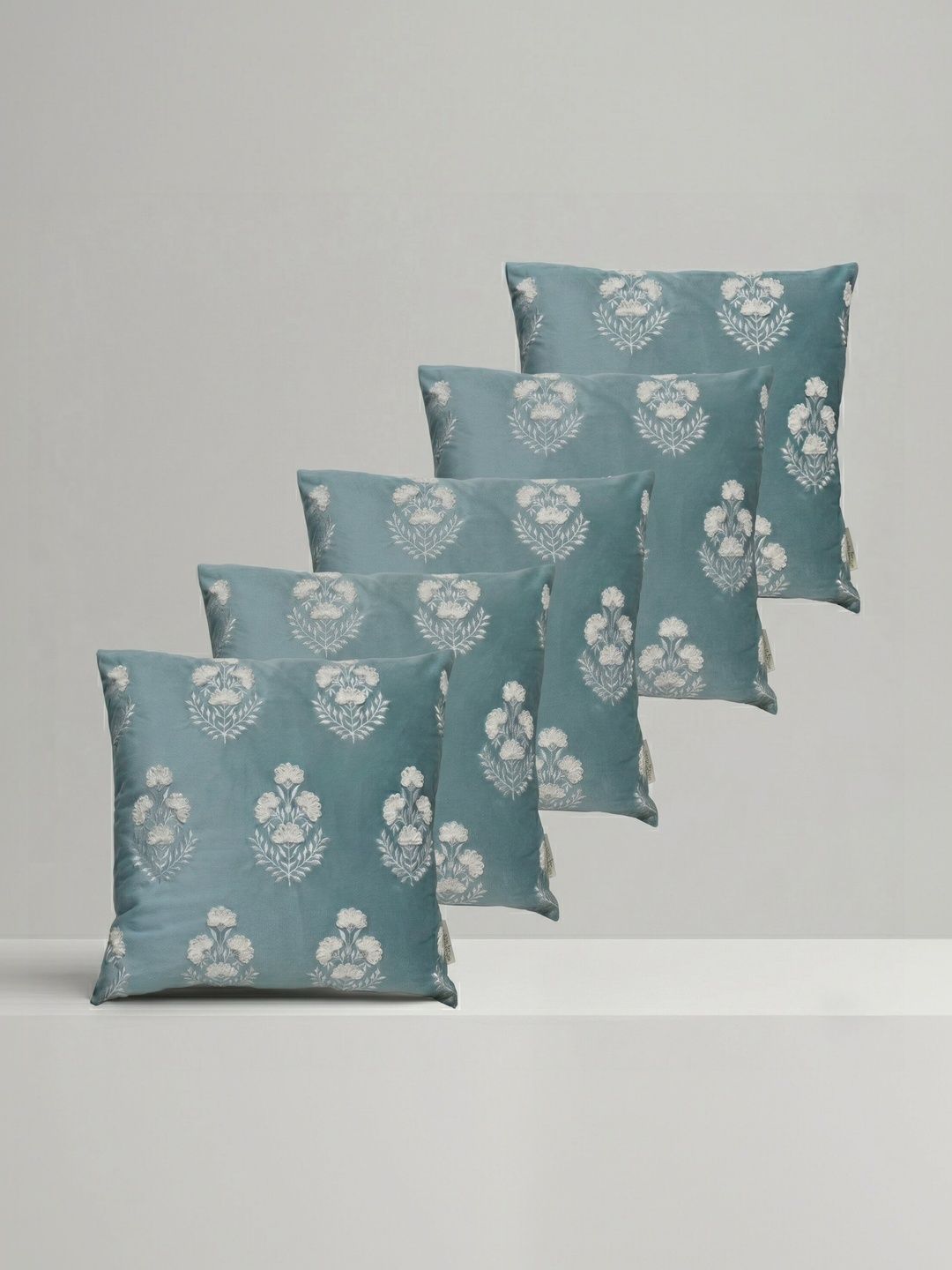 ZENSHA DECOR Blue Set of 5 Embroidered Square Cushion Covers-picture-7