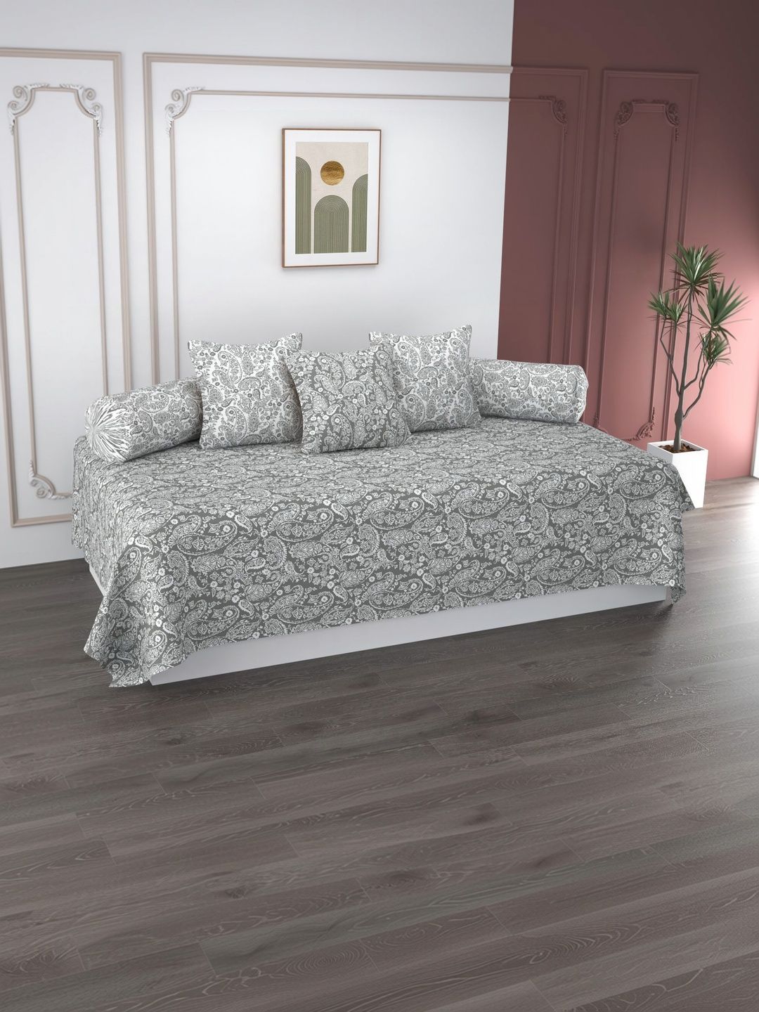 Apala Grey & White Printed Bedsheet With Bolster Covers & Cushion Covers 6-Pcs Diwan Set-image-3