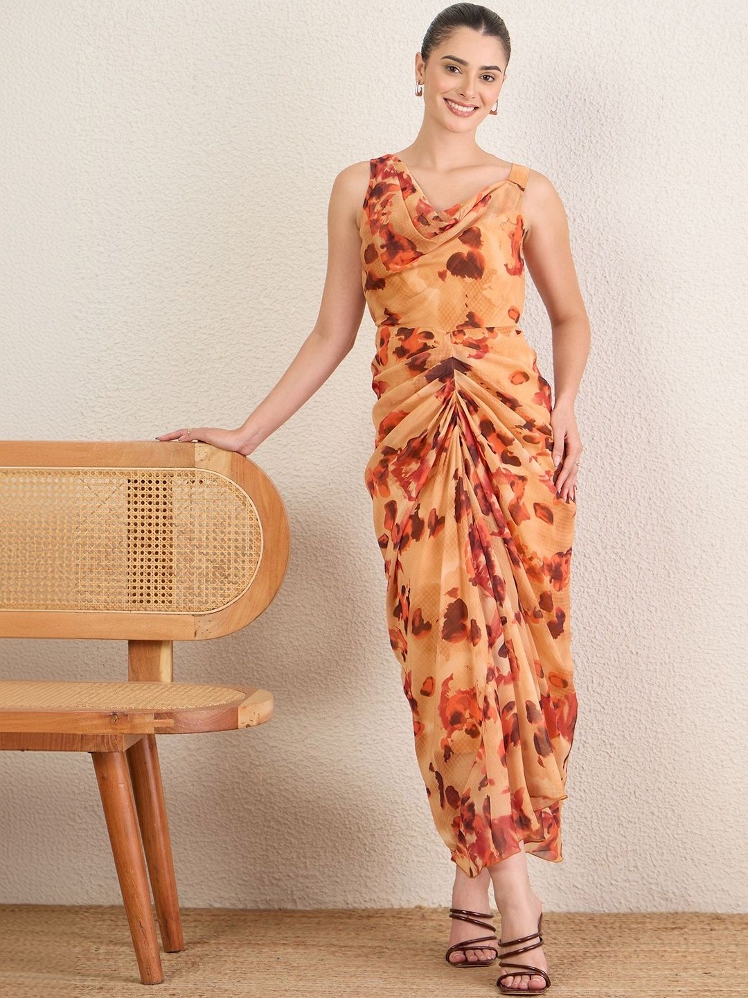 Antheaa Print Cowl Neck Chiffon Sheath Midi Dress-image-43