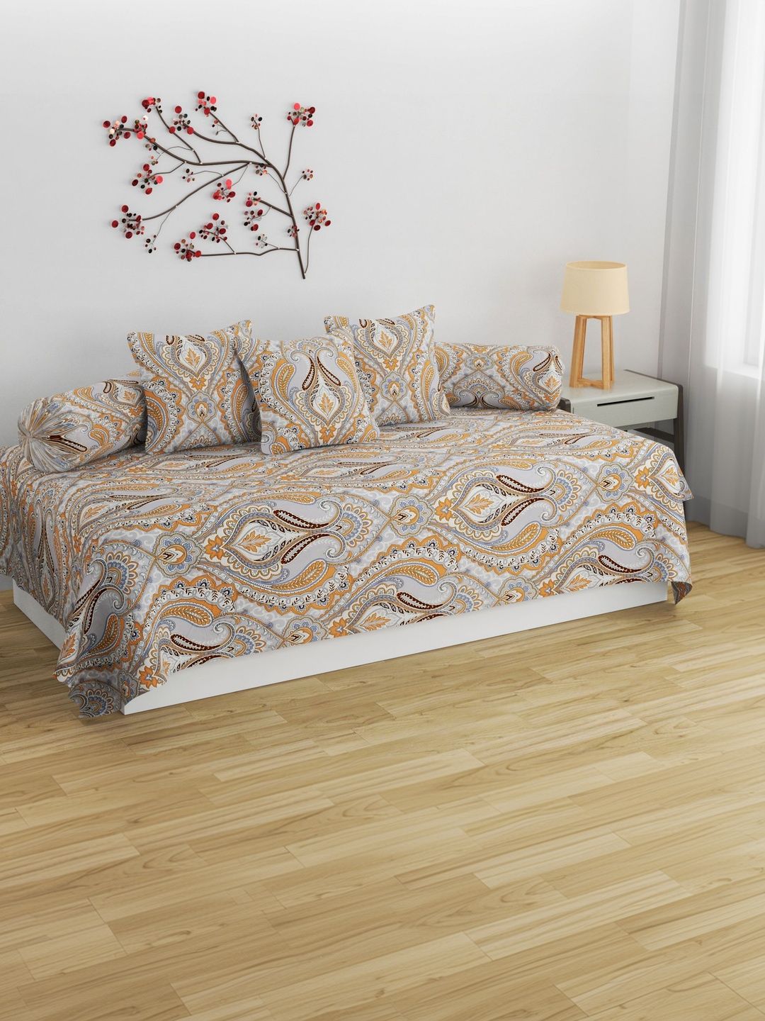 Apala Cream & Orange Printed Bedsheet With Bolster Covers & Cushion Covers 6-Pcs Diwan Set-image-25