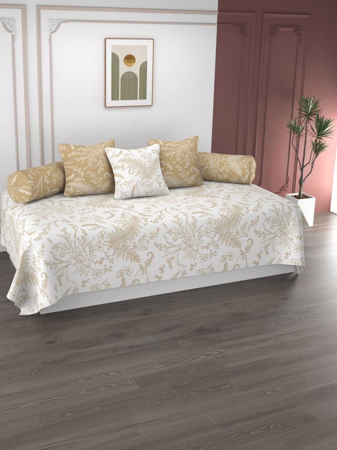 Apala 6 Pieces White & Beige Printed Bedsheet With Bolster And Cushion Covers-picture-19