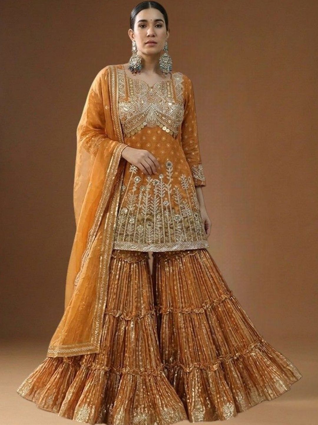 ARPITA SULAKSHANA Women Ethnic Motifs Embroidered Panelled Sequinned Chanderi Silk Kurta with Sharara & With-image-45
