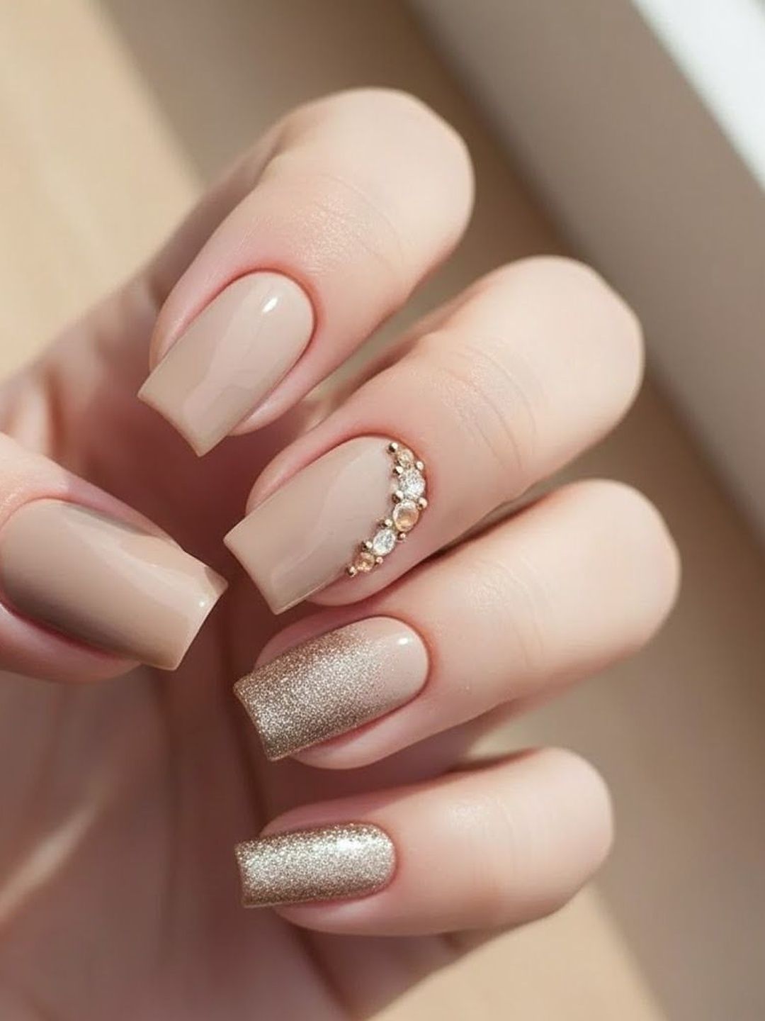 Vembley Set Of 24 Artificial Reusable Press On Nails - Nude Gold Sparkle-picture-34