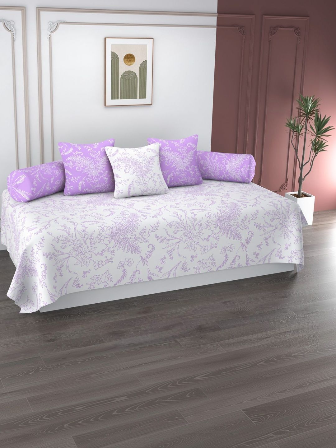Apala Purple & White Printed Bedsheet With Bolster Covers & Cushion Covers 6-Pcs Diwan Set-image-30