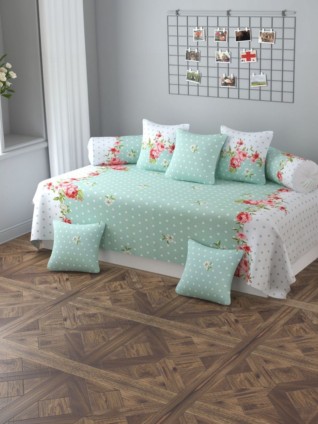 Apala 8 Pieces Green Printed Microfiber Bedsheet With Bolster And Cushion Covers-image-42