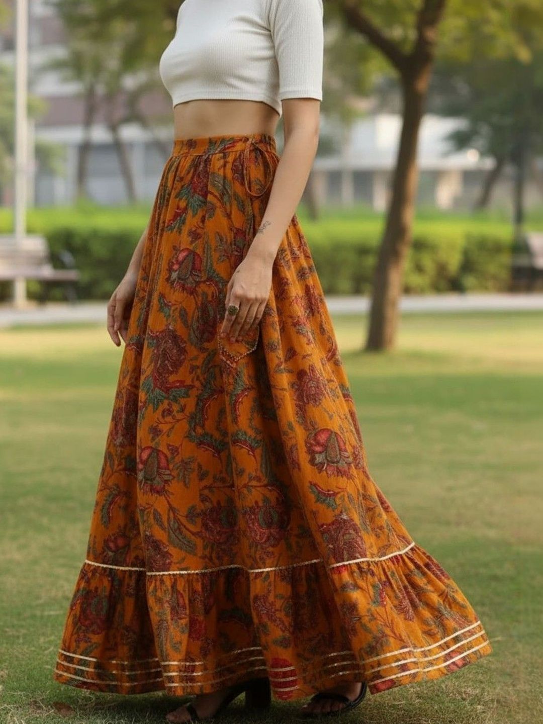 Sangria Women Cotton Cambric Floral Maxi Flared Skirt-image-37