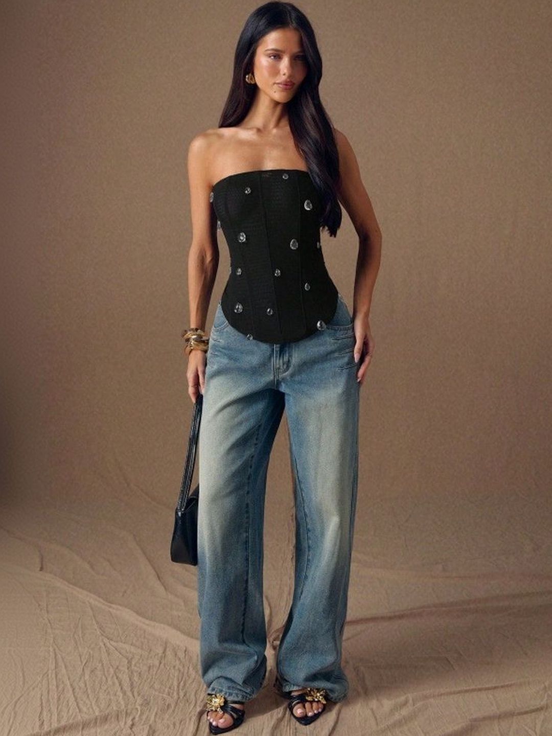 LULU & SKY Black Strapless Embellished Corset Top view 1