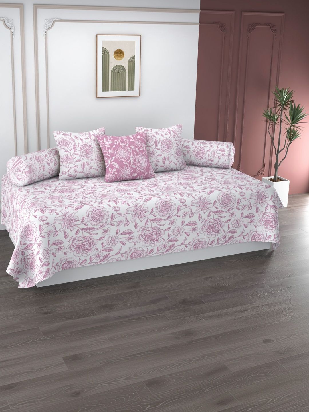 Apala Pink & White Printed Bedsheet With Bolster Covers & Cushion Covers 6-Pcs Diwan Set-image-32