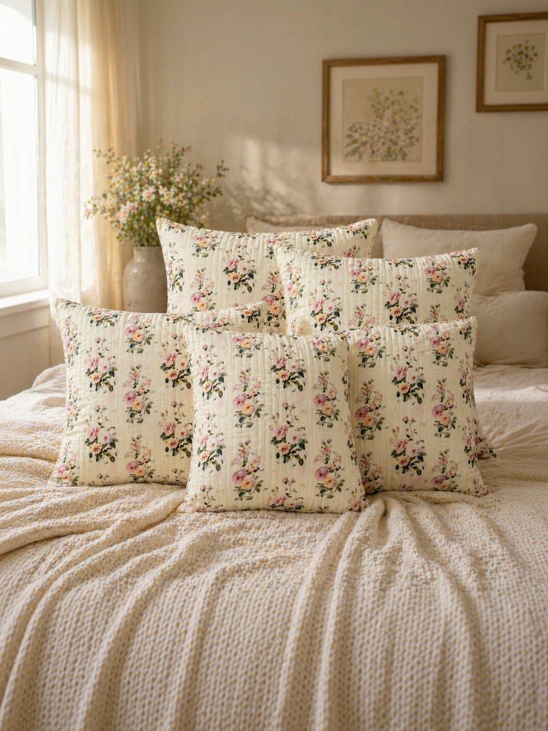 ZENSHA DECOR Cream-Coloured Set of 5 Floral Square Cushion Covers-picture-39