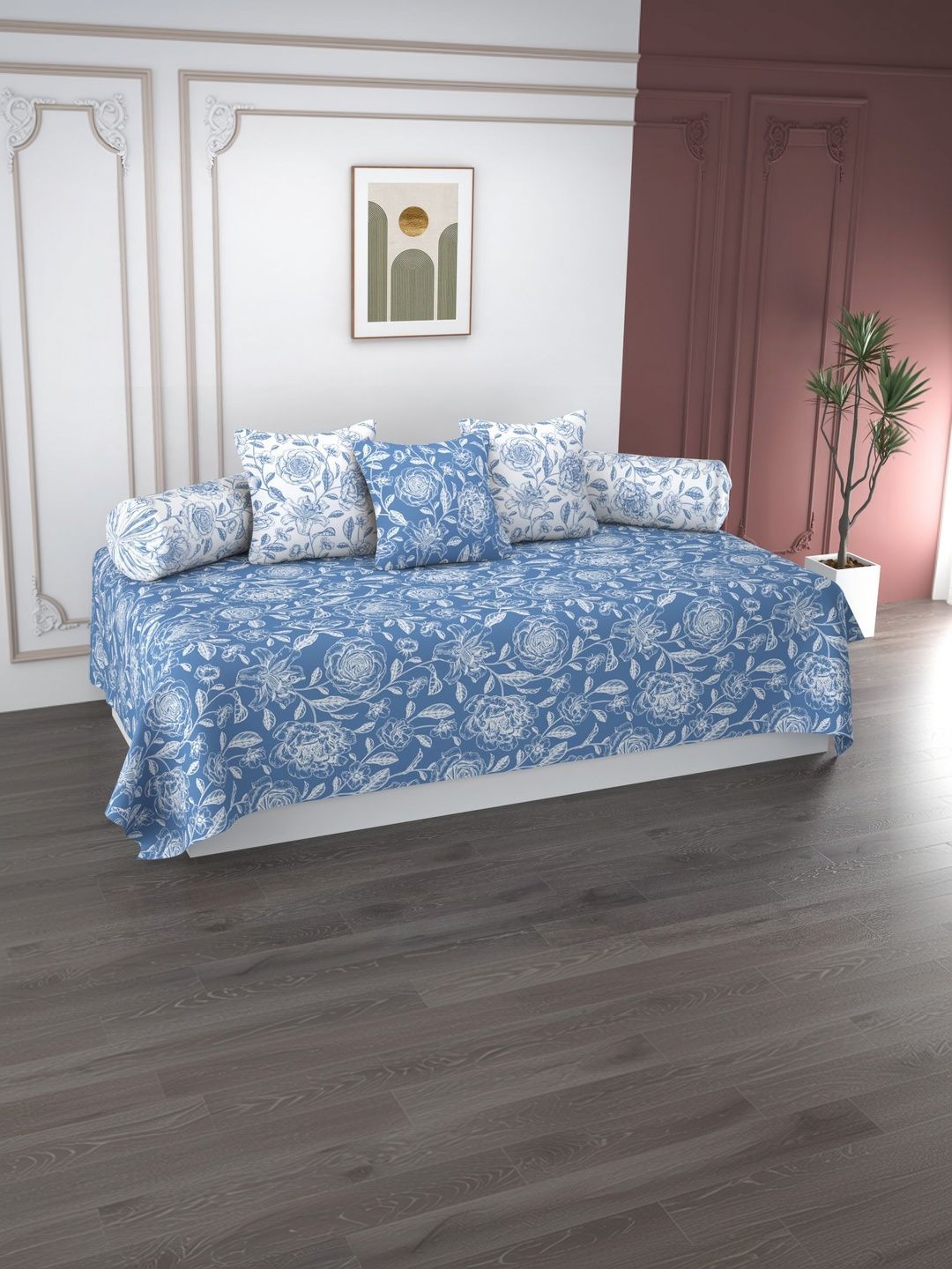 Apala Blue & White Printed Bedsheet With Bolster Covers & Cushion Covers 6-Pcs Diwan Set-image-14
