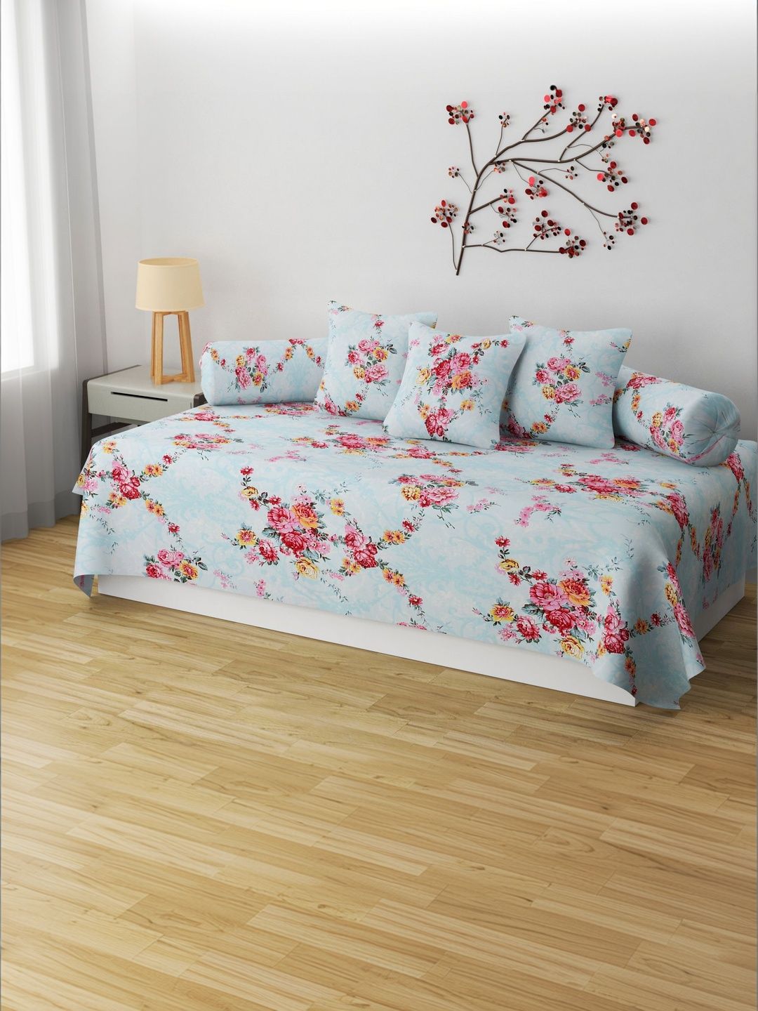 Apala Blue & Pink Printed Bedsheet With Bolster Covers & Cushion Covers 6-Pcs Diwan Set-image-27