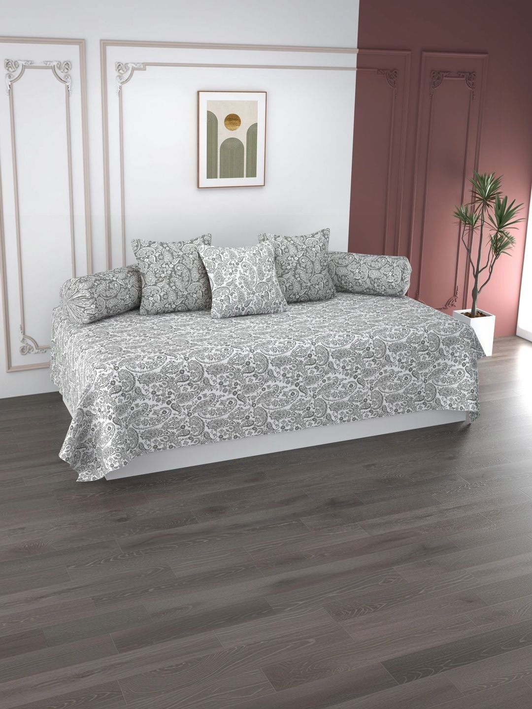 Apala Grey & White Printed Bedsheet With Bolster Covers & Cushion Covers 6-Pcs Diwan Set-image-33