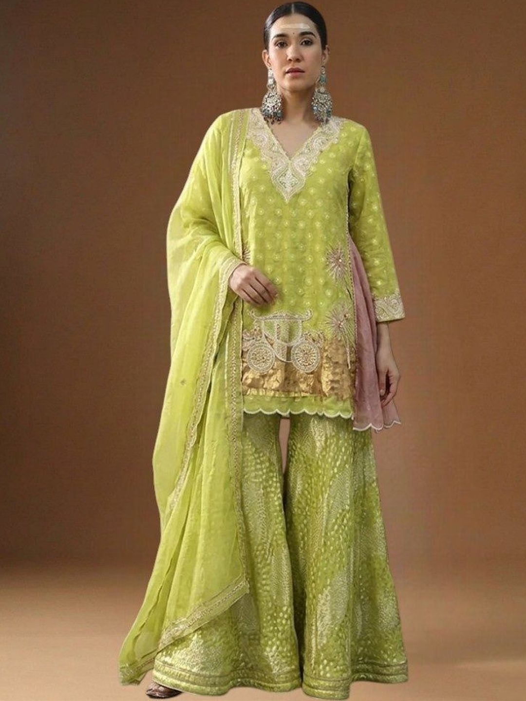 ARPITA SULAKSHANA Women Ethnic Motifs Printed Panelled Thread Work Chanderi Silk Kurta with Sharara & With-picture-37