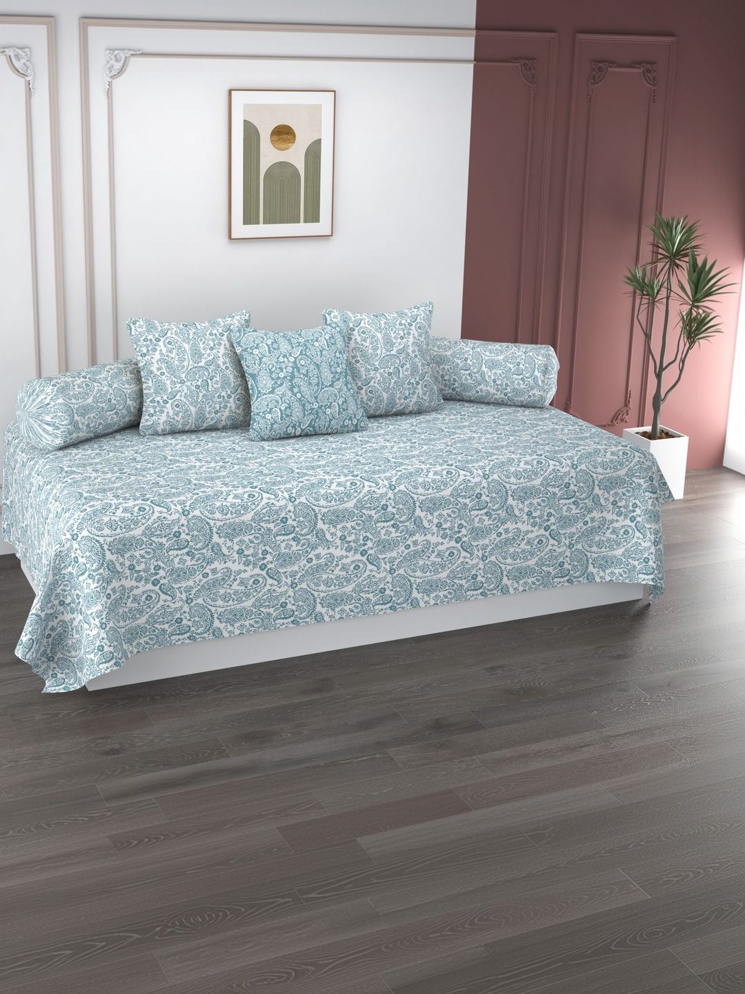Apala 6 Pieces White & Green Printed Microfiber Bedsheet With Bolster And Cushion Covers-picture-16