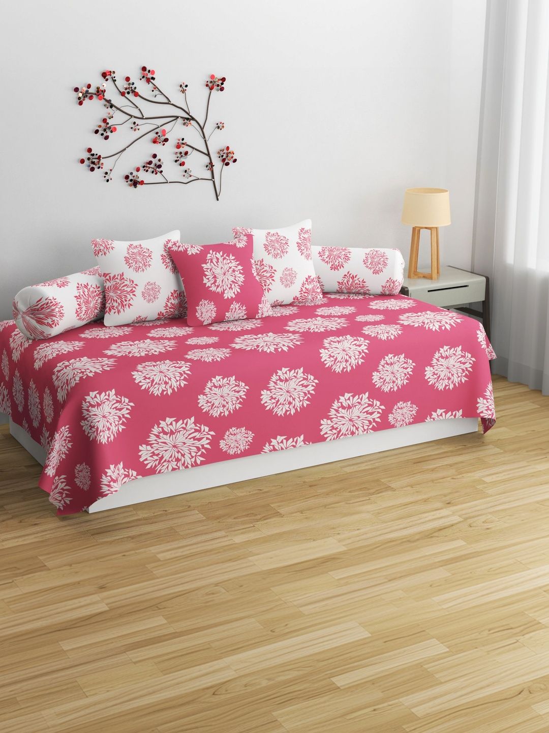 Apala 6 Pieces Pink & White Printed Microfiber Bedsheet With Bolster And Cushion Covers-picture-21