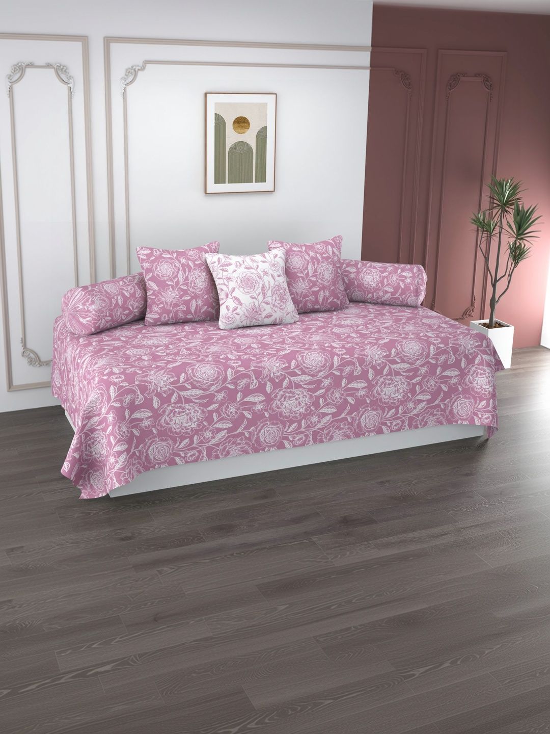 Apala Pink & White Printed Bedsheet With Bolster Covers & Cushion Covers 6-Pcs Diwan Set-image-29