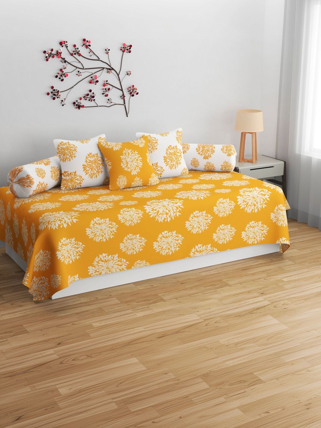 Apala 6 Pieces Yellow Printed Microfiber Bedsheet With Bolster And Cushion Covers-picture-12
