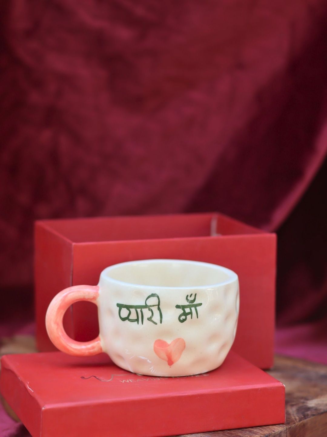 WEAVING HOMES White & Peach-Coloured Handcrafted and Hand Painted Printed Ceramic Glossy Mugs Set of Cups and Mugs-picture-40