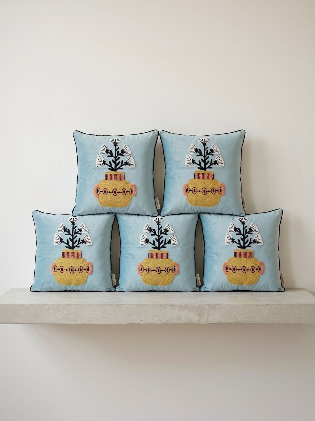 ZENSHA DECOR Blue Set of 5 Embroidered Square Cushion Covers-picture-7